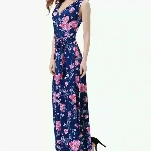 Sleeveless V Neck Vintage Floral Faux Wrap Maxi Dress (M) - Picture 3 of 5